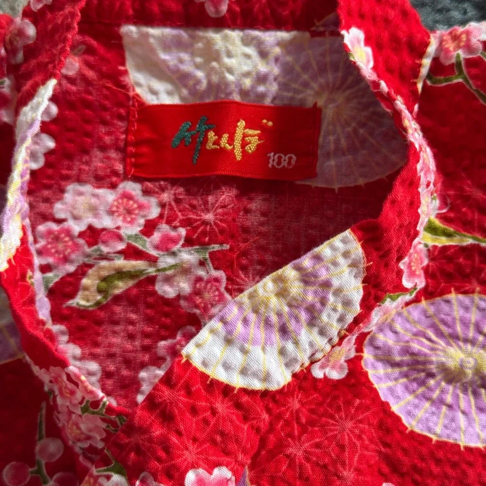 Kids Red Jinbei Kimono Set Cherry Blossom Parasol Seersucker 2pc Size 100 3-4Y